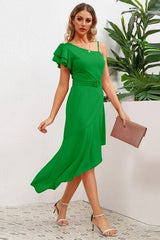 Ruffled Asymmetrical Neck Flutter Sleeve Dress - Trendsi