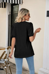 Eyelet Puff Sleeve V-Neck Top - Trendsi - Flyclothing LLC