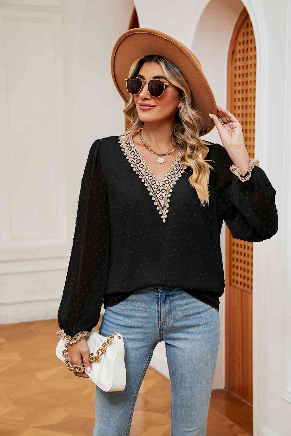 Swiss Dot Contrast V-Neck Blouse - Trendsi - Flyclothing LLC