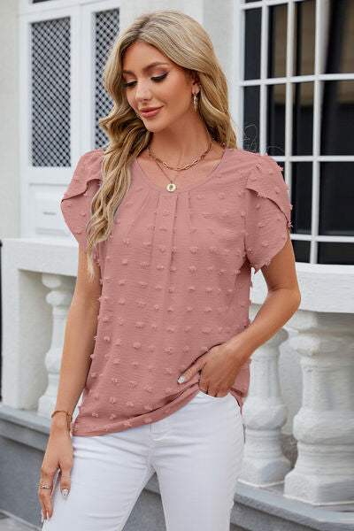 Swiss Dot Round Neck Short Sleeve T-Shirt - Trendsi - Flyclothing LLC