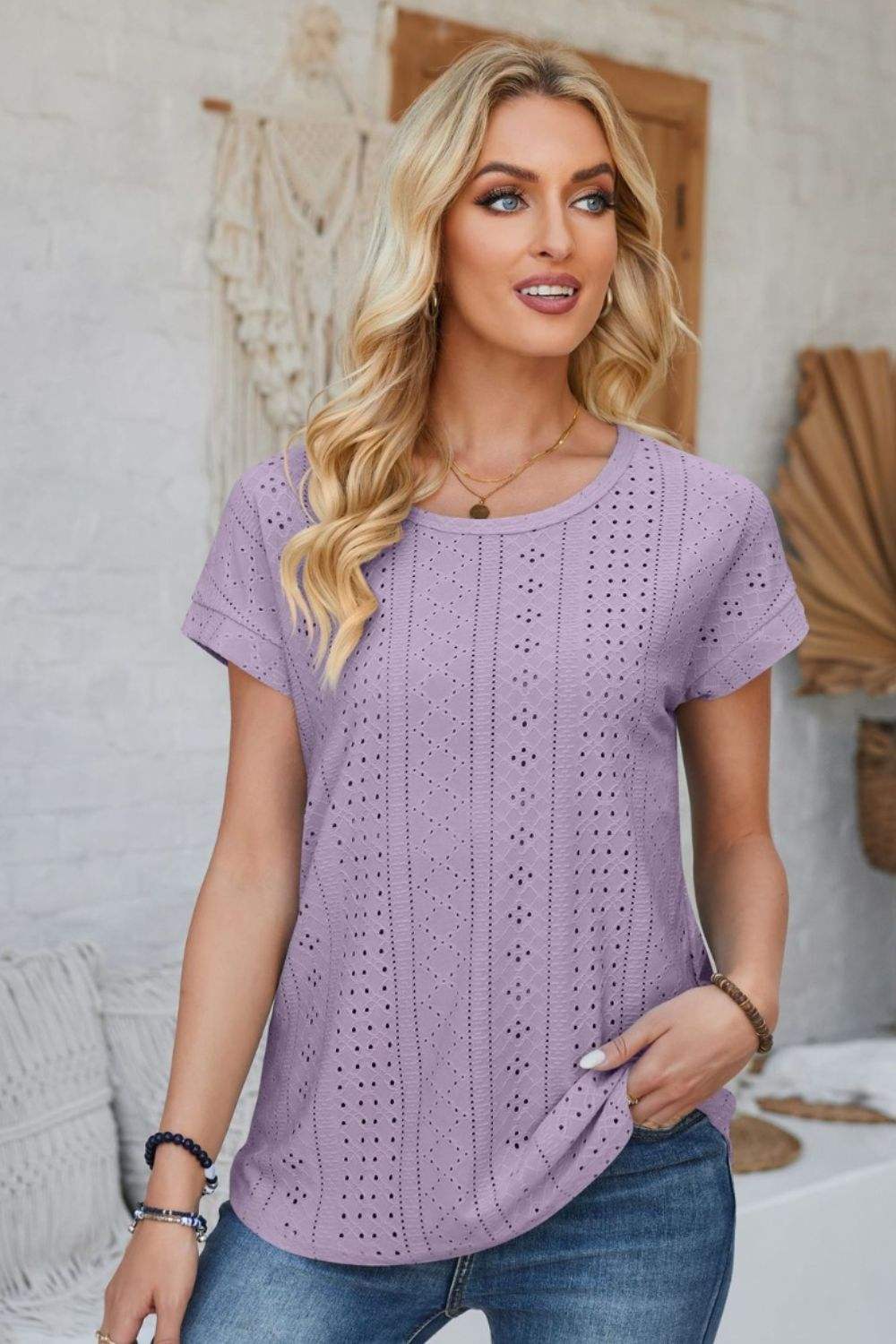 Eyelet Round Neck Rolled Short Sleeve T-Shirt - Trendsi - Flyclothing LLC