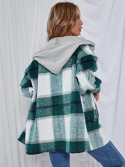 Plaid Hooded Jacket with Pockets - Trendsi