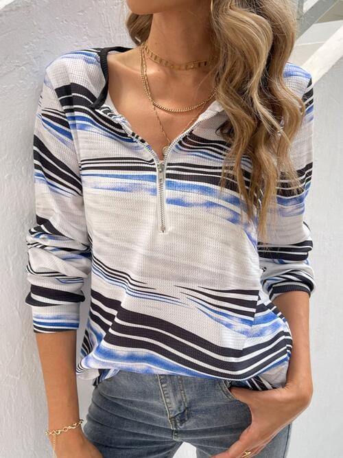 Printed Half Zip Long Sleeve T-Shirt - Trendsi