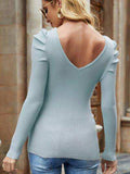 Ribbed V-Neck Puff Sleeve Sweater - Trendsi - Flyclothing LLC