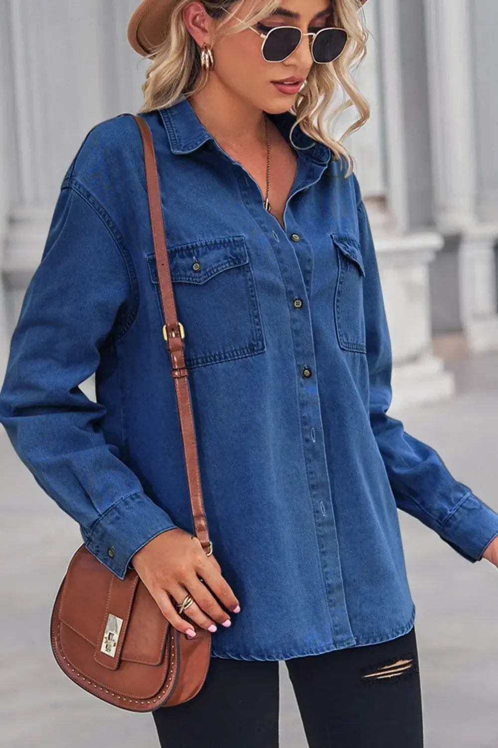 Collared Neck Dropped Shoulder Denim Top - Trendsi - Flyclothing LLC