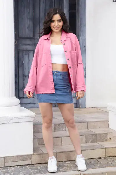 Raw Hem Pocketed Collared Neck Denim Jacket - Trendsi - Flyclothing LLC