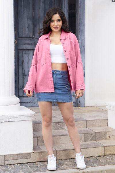 Raw Hem Pocketed Collared Neck Denim Jacket - Trendsi - Flyclothing LLC