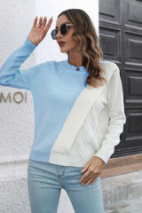 Contrast Color Round Neck Long Sleeve Sweater - Trendsi