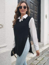 Frayed Hem Slit Sweater Vest - Trendsi - Flyclothing LLC