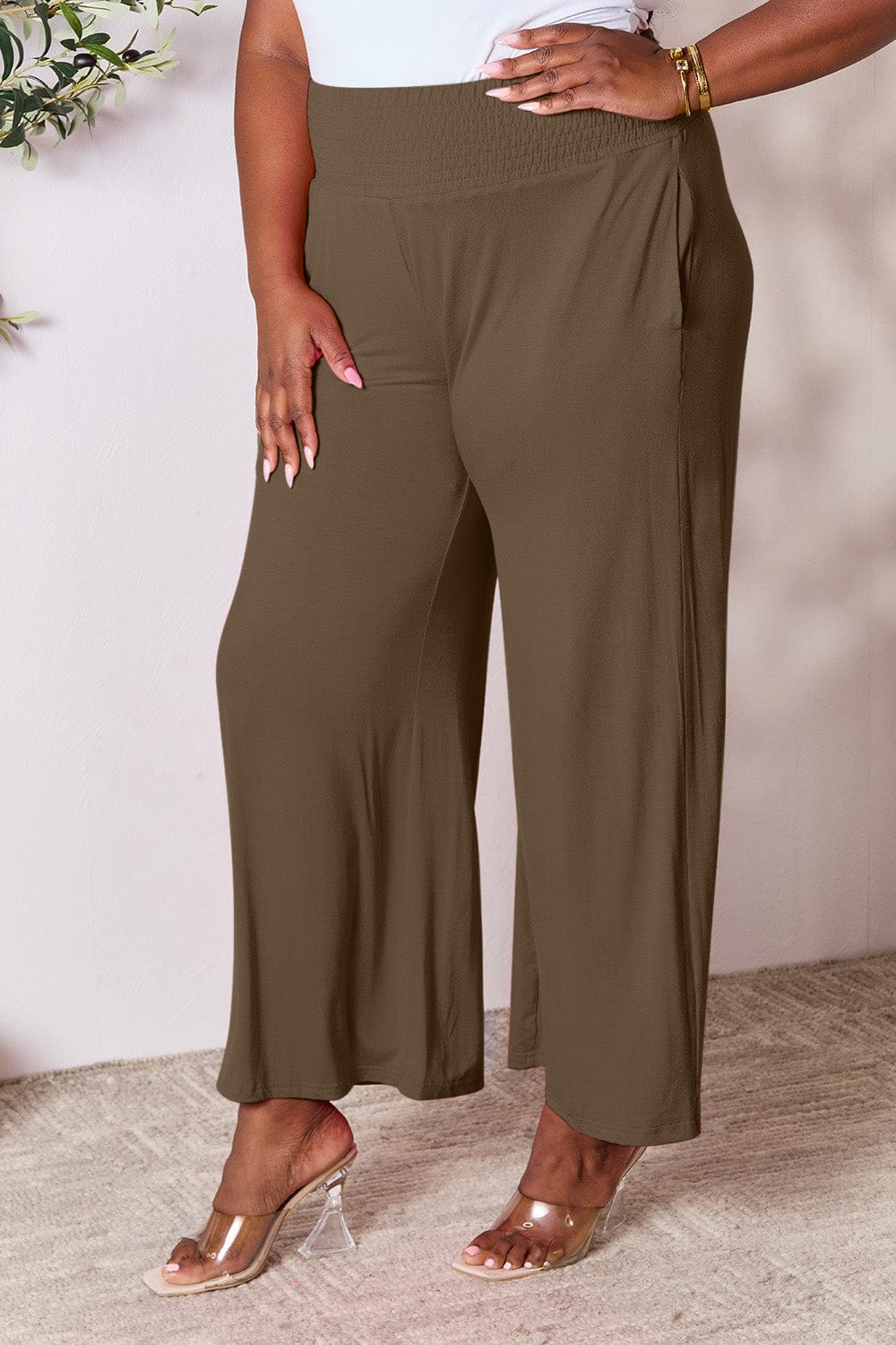 Double Take Full Size Smocked Wide Waistband Wide Leg Pants - Trendsi