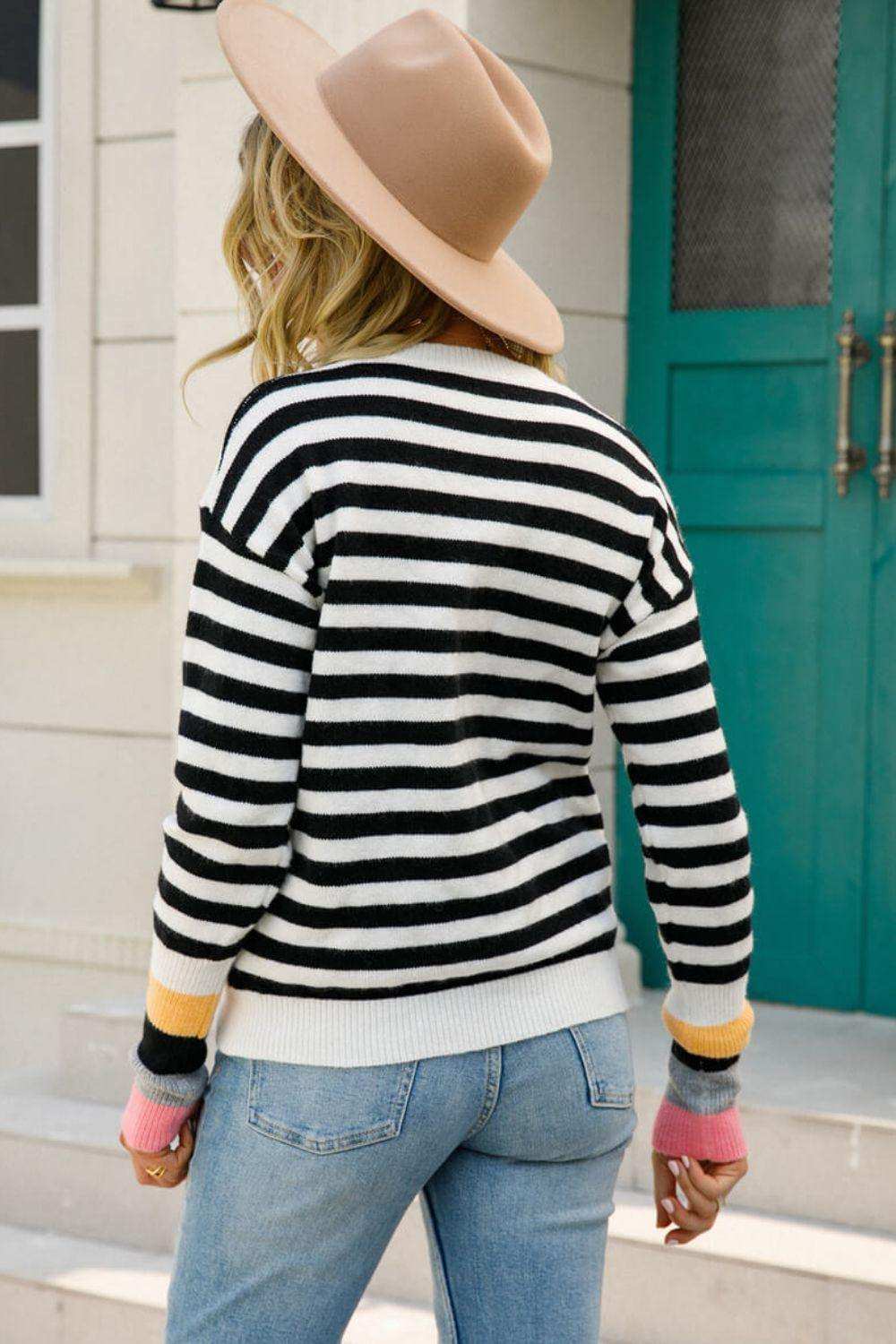 Warm Spice Striped Round Neck Sweater - Trendsi - Flyclothing LLC