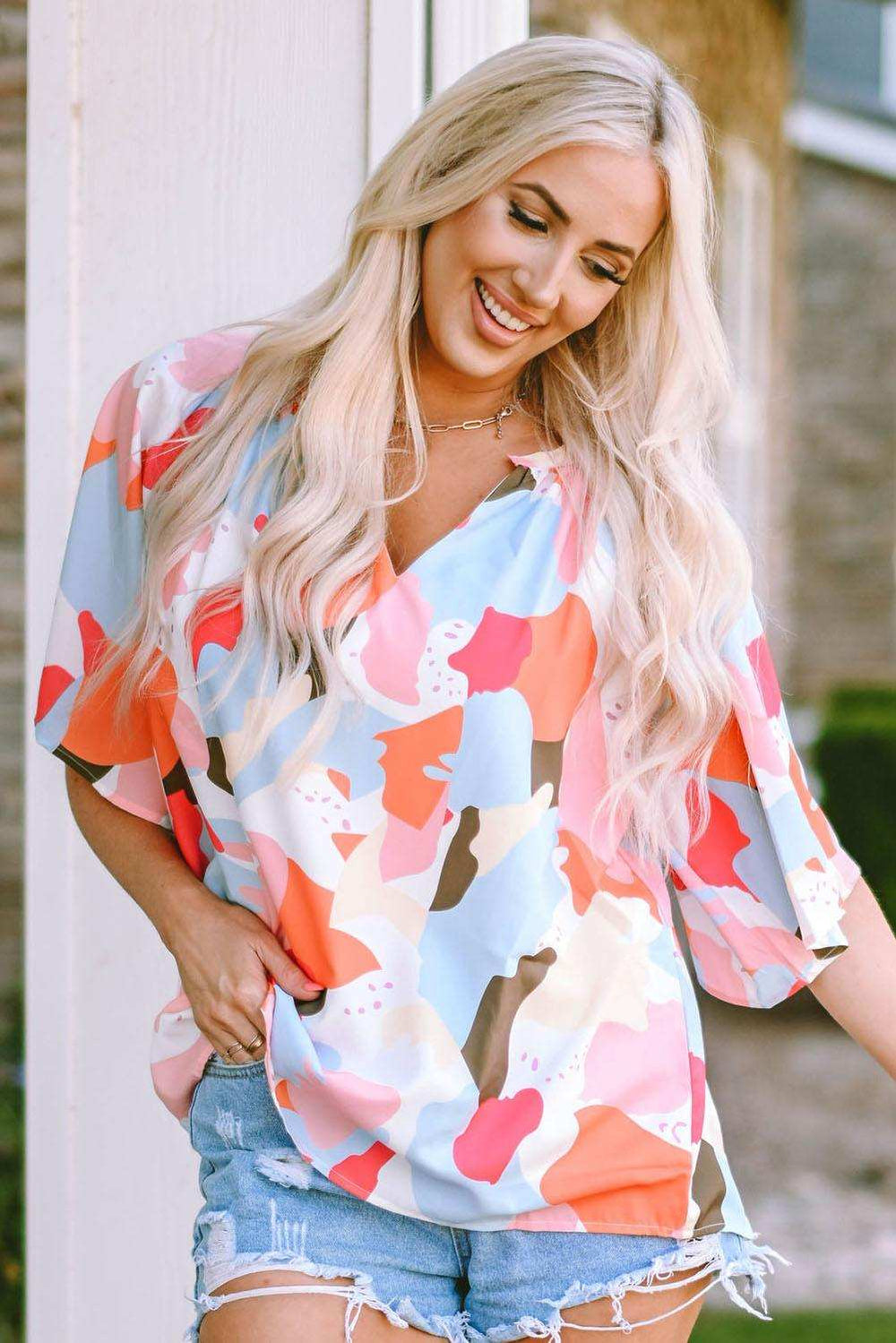 Printed Notched Neck Half Sleeve Blouse - Trendsi - Flyclothing LLC