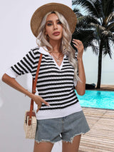 Striped Johnny Collar Half Sleeve Knit Top - Trendsi - Flyclothing LLC
