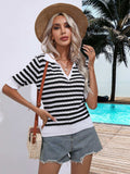 Striped Johnny Collar Half Sleeve Knit Top - Trendsi - Flyclothing LLC