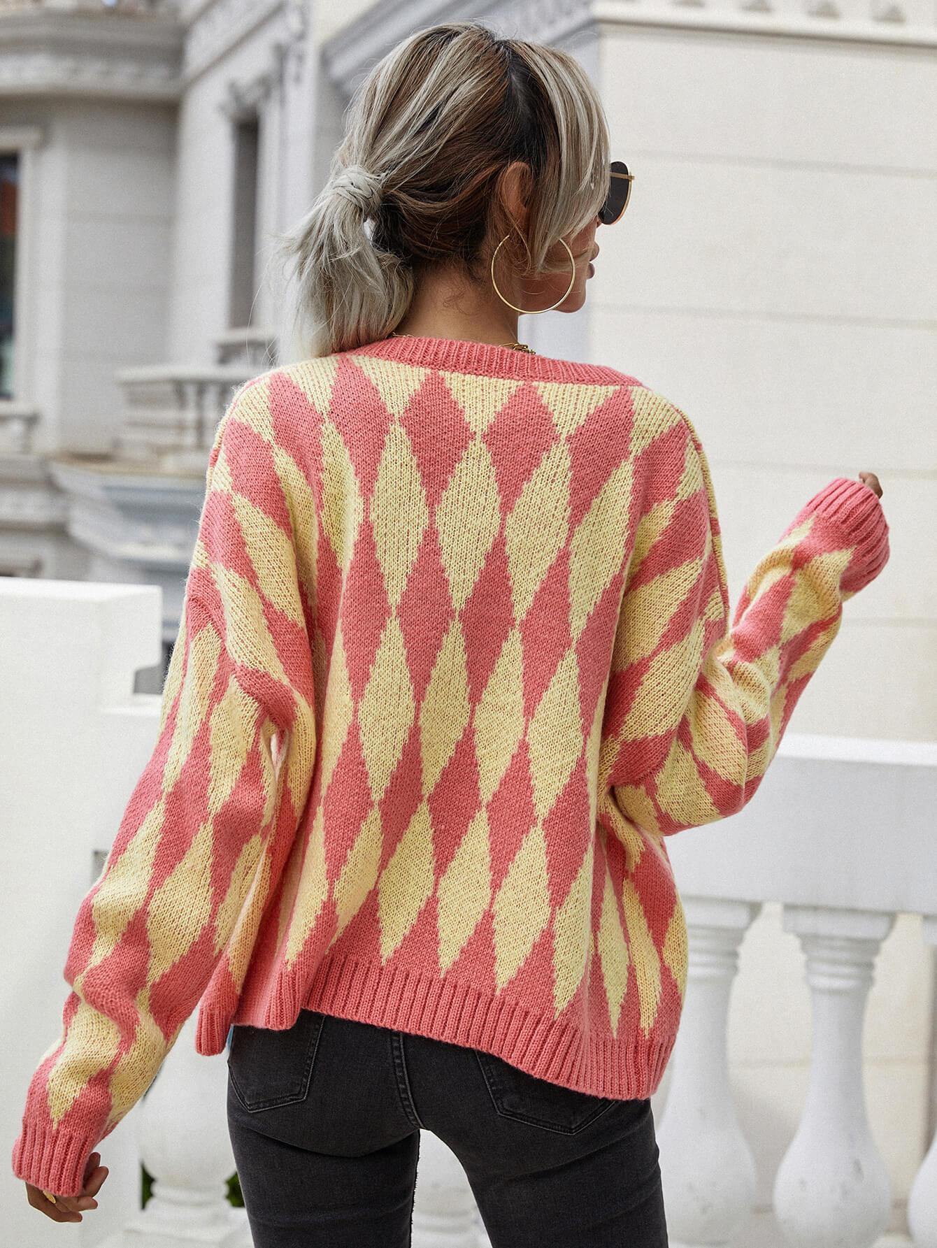 Argyle Button Front Drop Shoulder Cardigan - Trendsi