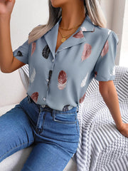 Feather Print Lapel Collar Puff Sleeve Shirt - Trendsi