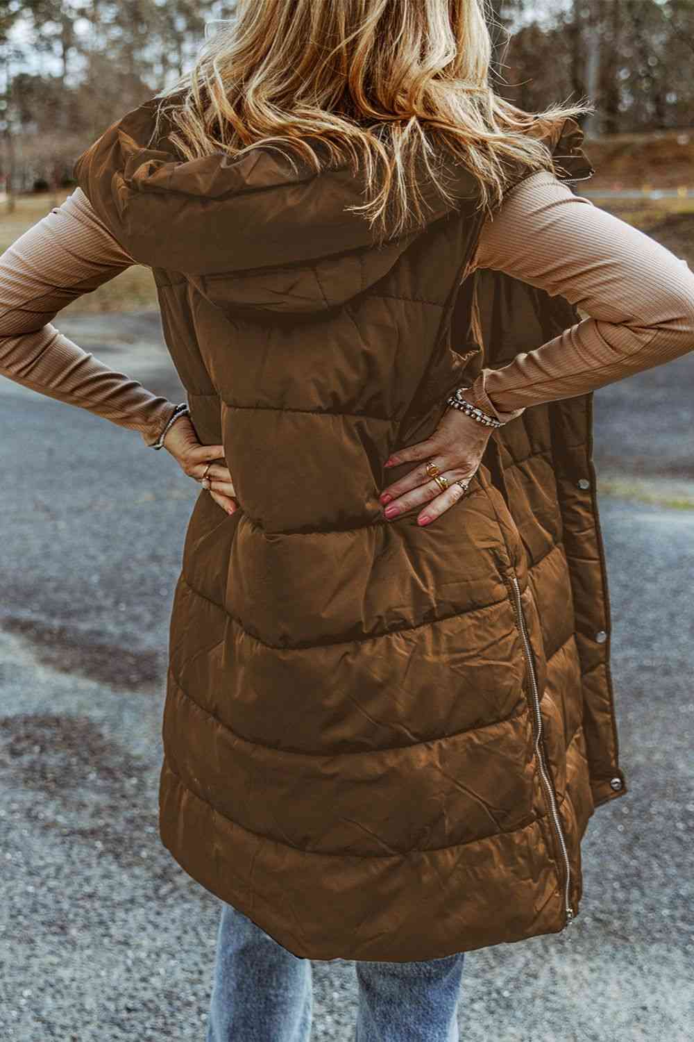 Longline Hooded Sleeveless Puffer Vest - Trendsi - Flyclothing LLC