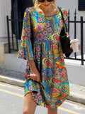 Paisley Print Round Neck Three-Quarter Sleeve Dress - Trendsi - Flyclothing LLC