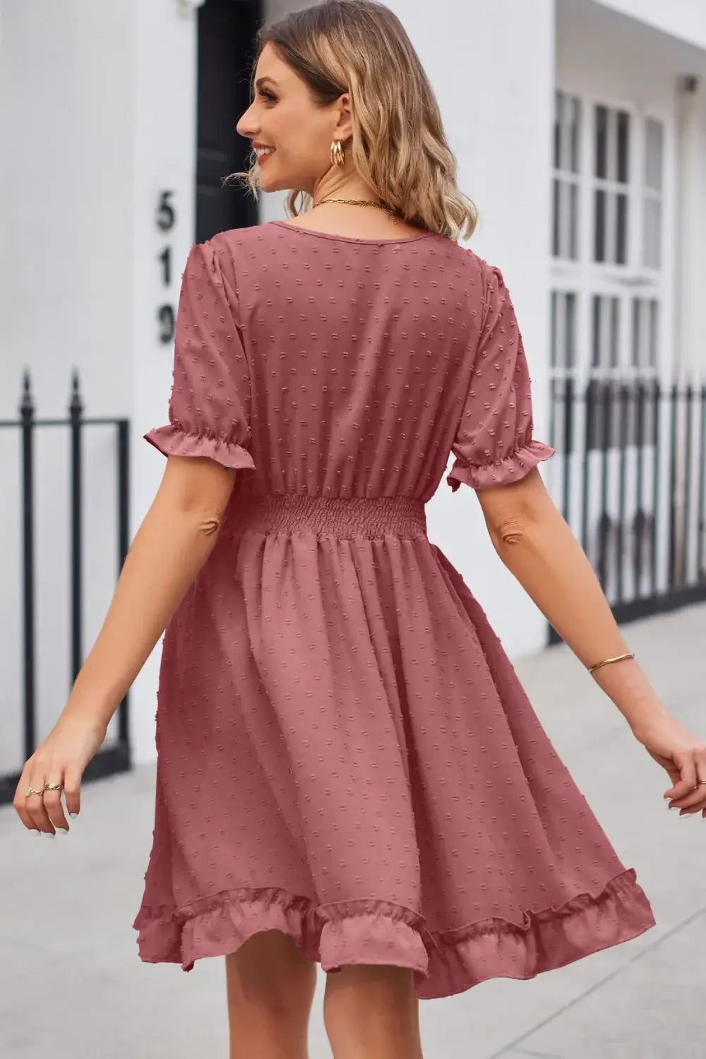 Swiss Dot Frill Trim Flounce Sleeve V-Neck Dress - Trendsi - Flyclothing LLC