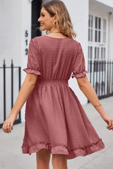 Swiss Dot Frill Trim Flounce Sleeve V-Neck Dress - Trendsi - Flyclothing LLC