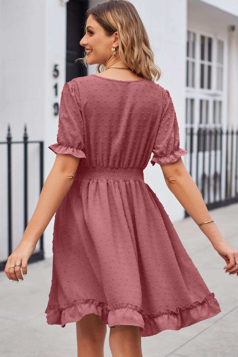 Swiss Dot Frill Trim Flounce Sleeve V-Neck Dress - Trendsi - Flyclothing LLC