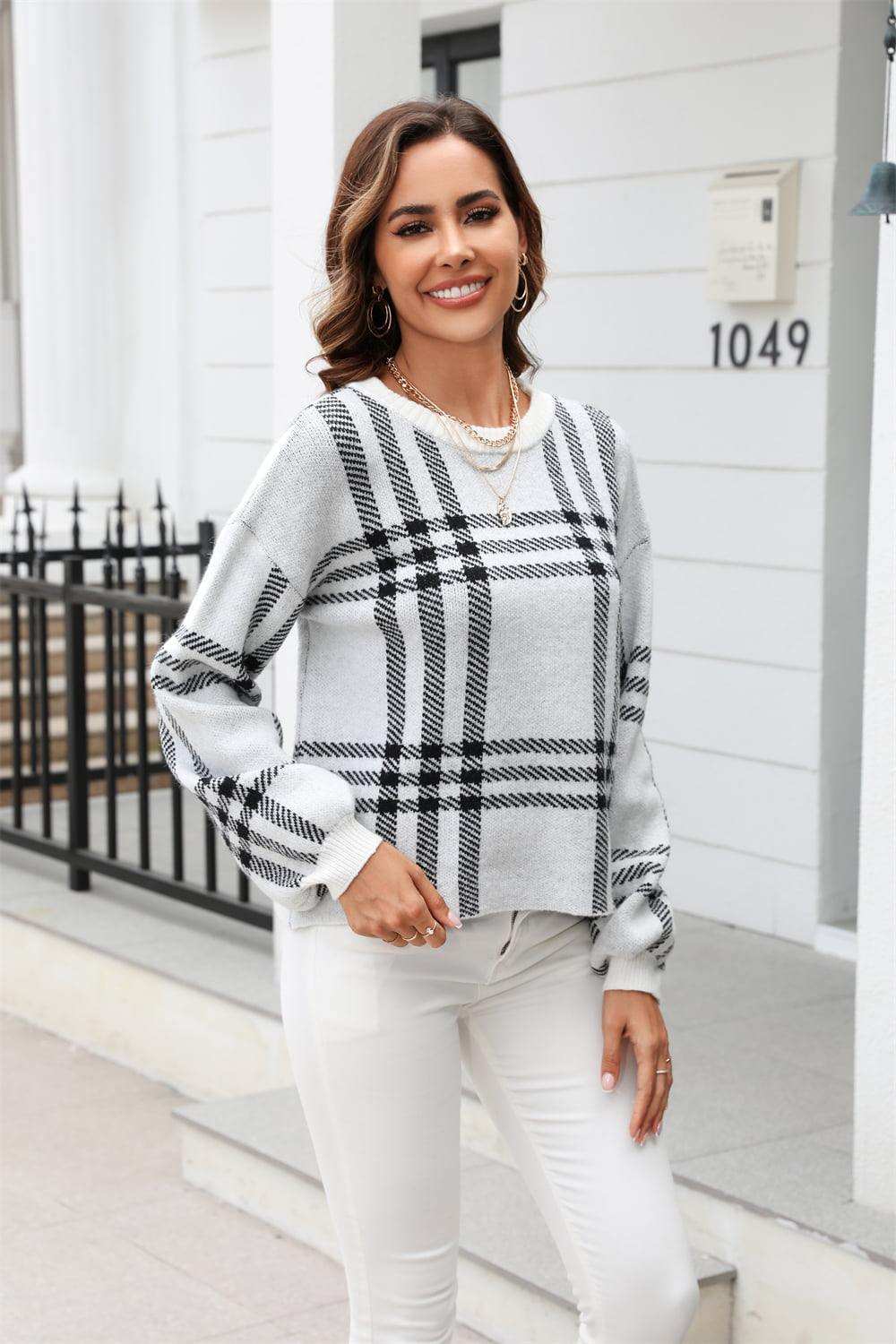 Printed Round Neck Dropped Shoulder Sweater - Trendsi - Flyclothing LLC