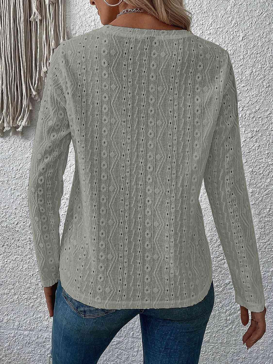 Eyelet Round Neck Long Sleeve Top - Trendsi