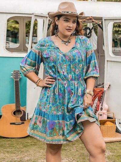 Plus Size Printed Tie Neck Mini Dress - Trendsi - Flyclothing LLC