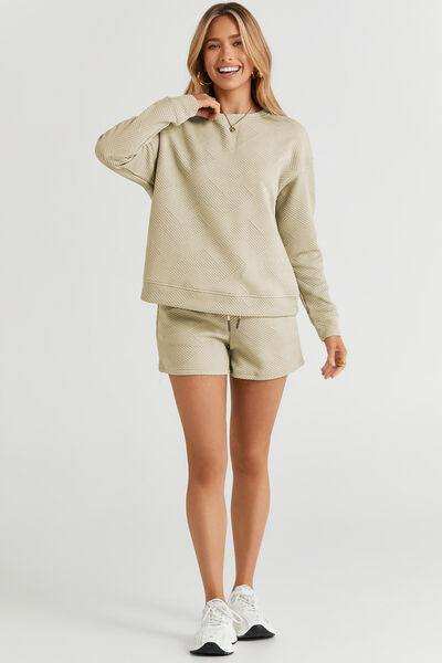 Double Take Full Size Texture Long Sleeve Top and Drawstring Shorts Set - Trendsi - Flyclothing LLC