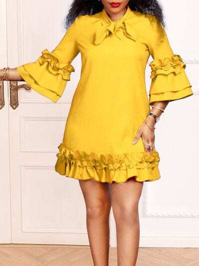 Frill Tie Neck Three-Quarter Sleeve Dress - Trendsi - Flyclothing LLC