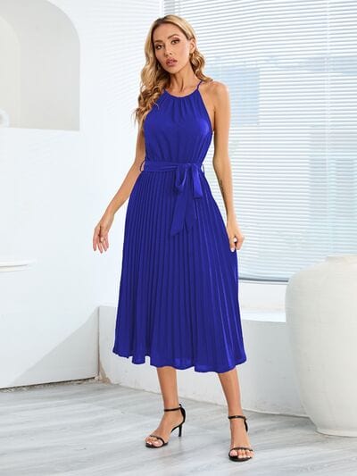 Pleated Spaghetti Strap Tie Waist Midi Dress - Trendsi
