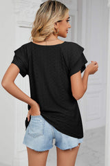 Eyelet V-Neck Short Sleeve T-Shirt - Trendsi - Flyclothing LLC