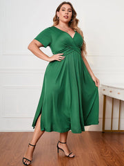 Plus Size Short Sleeve Surplice Neck Midi Dress - Trendsi