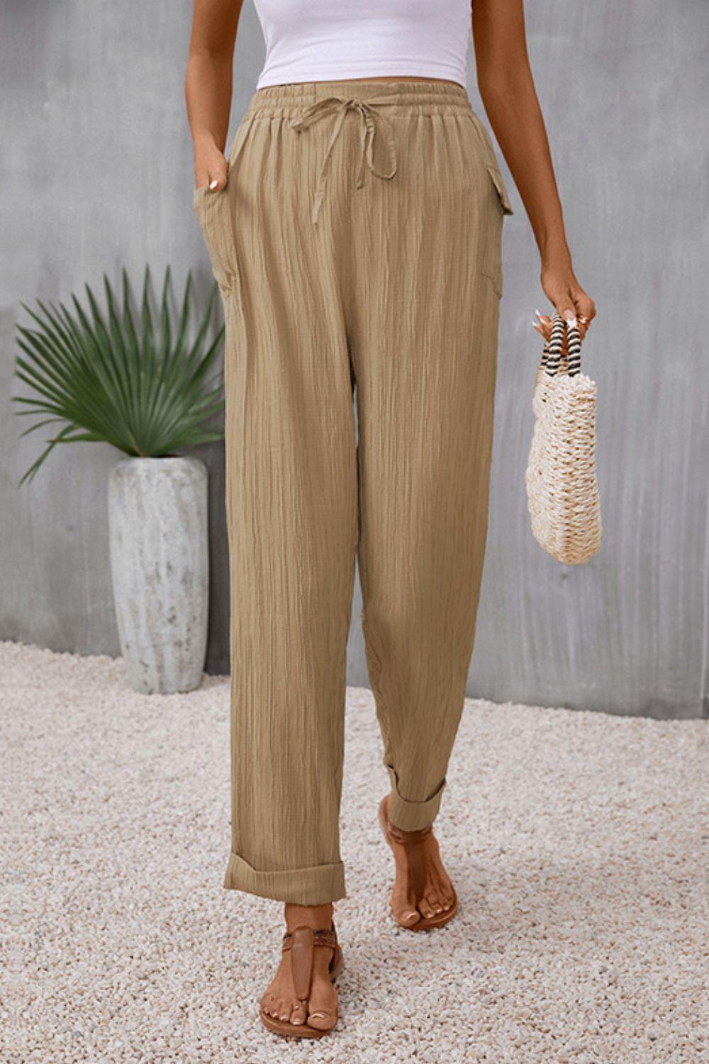 Tie Waist Pocketed Long Pants - Trendsi