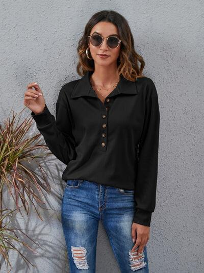 Half Button Dropped Shoulder Blouse - Trendsi