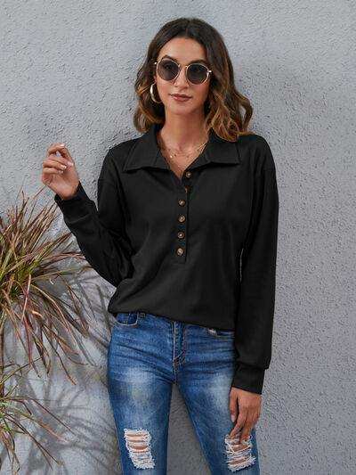 Half Button Dropped Shoulder Blouse - Trendsi - Flyclothing LLC