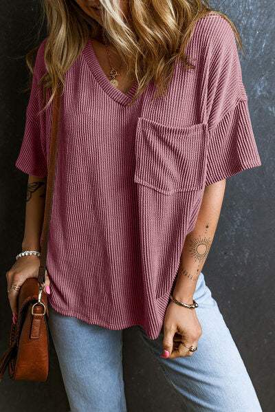 Textured V-Neck Dropped Shoulder T-Shirt - Trendsi - Flyclothing LLC