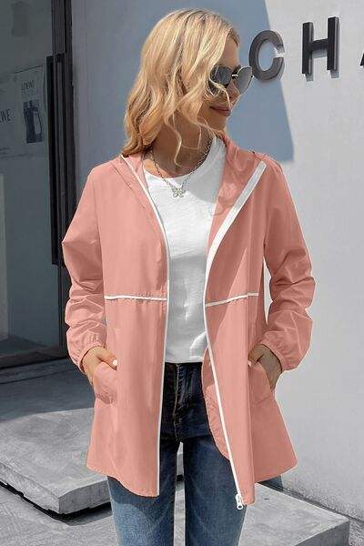 Zip Up Long Sleeve Hooded Watertight Jacket - Trendsi - Flyclothing LLC