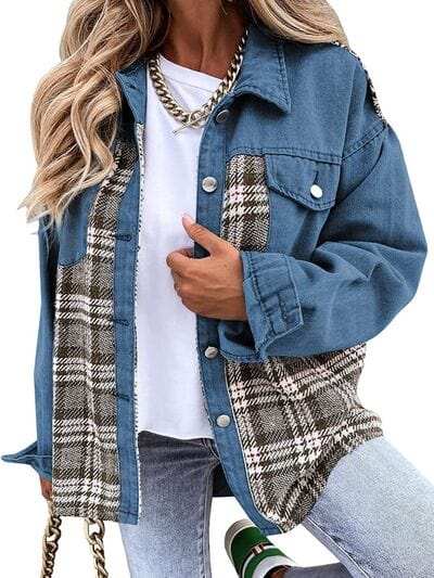 Plaid Button Up Dropped Shoulder Jacket - Trendsi - Flyclothing LLC