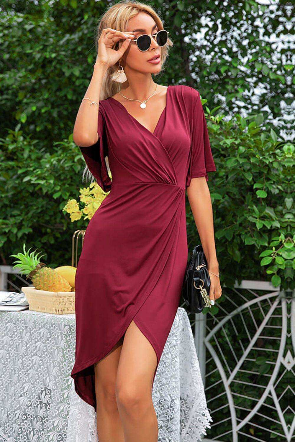Flare Sleeve Surplice Tulip Hem Dress - Trendsi - Flyclothing LLC