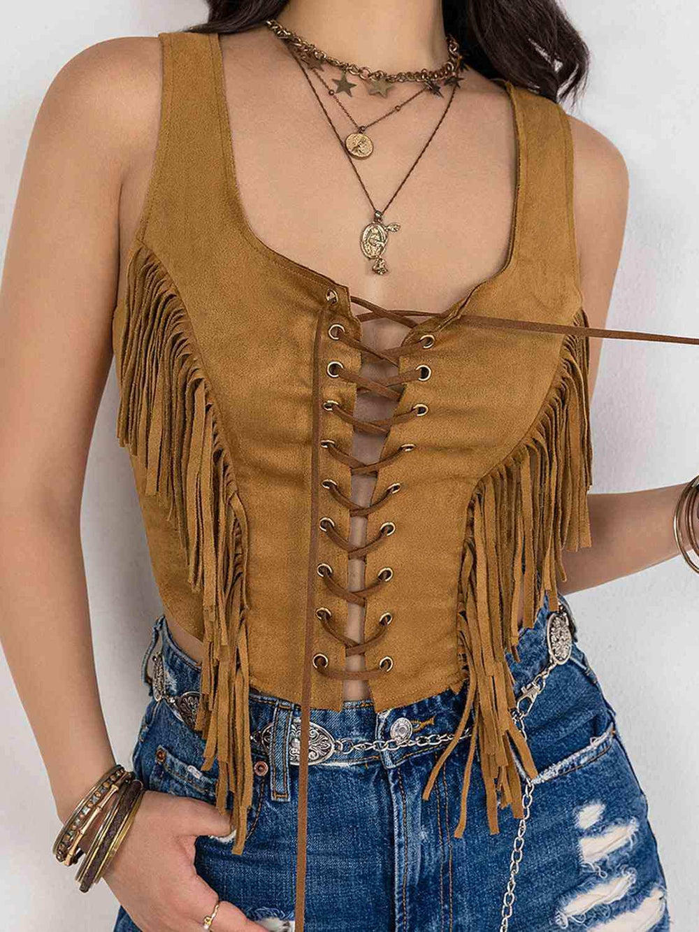 Fringe Lace-Up Vest - Trendsi - Flyclothing LLC