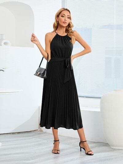 Pleated Spaghetti Strap Tie Waist Midi Dress - Trendsi - Flyclothing LLC
