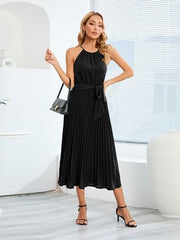 Pleated Spaghetti Strap Tie Waist Midi Dress - Trendsi
