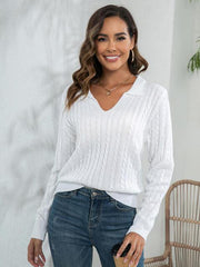 Johnny Collar Cable-Knit Long Sleeve Sweater - Trendsi