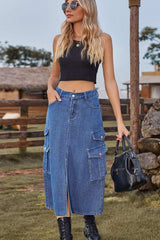 Slit Front Midi Denim Skirt with Pockets - Trendsi - Flyclothing LLC