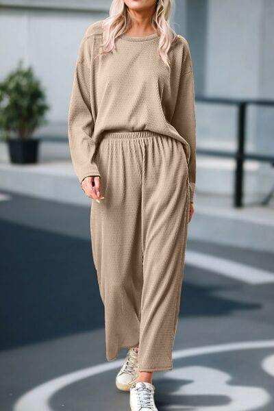 Round Neck Dropped Shoulder Top and Pants Set - Trendsi - Flyclothing LLC
