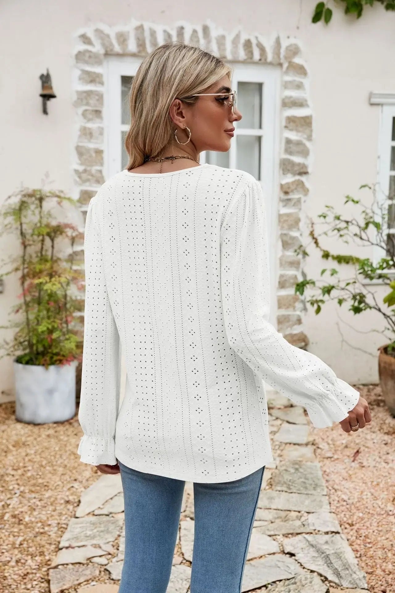Eyelet Lace Trim Flounce Sleeve Blouse - Trendsi - Flyclothing LLC