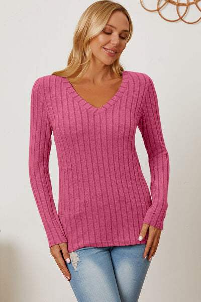 Basic Bae Full Size Ribbed V-Neck Long Sleeve T-Shirt - Trendsi - Flyclothing LLC