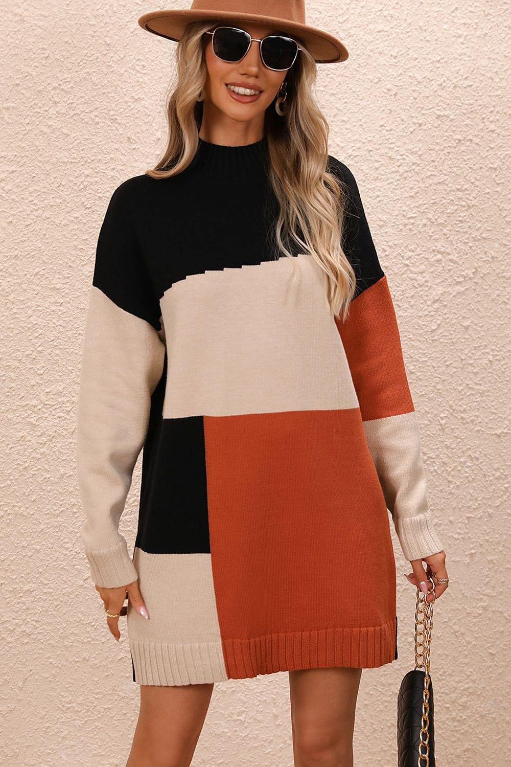 Color Block Mock Neck Dropped Shoulder Sweater Dress - Trendsi