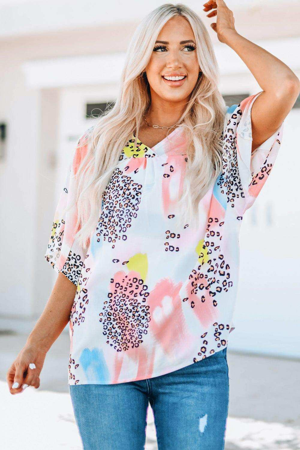 Mixed Print V-Neck Half Sleeve Top - Trendsi - Flyclothing LLC